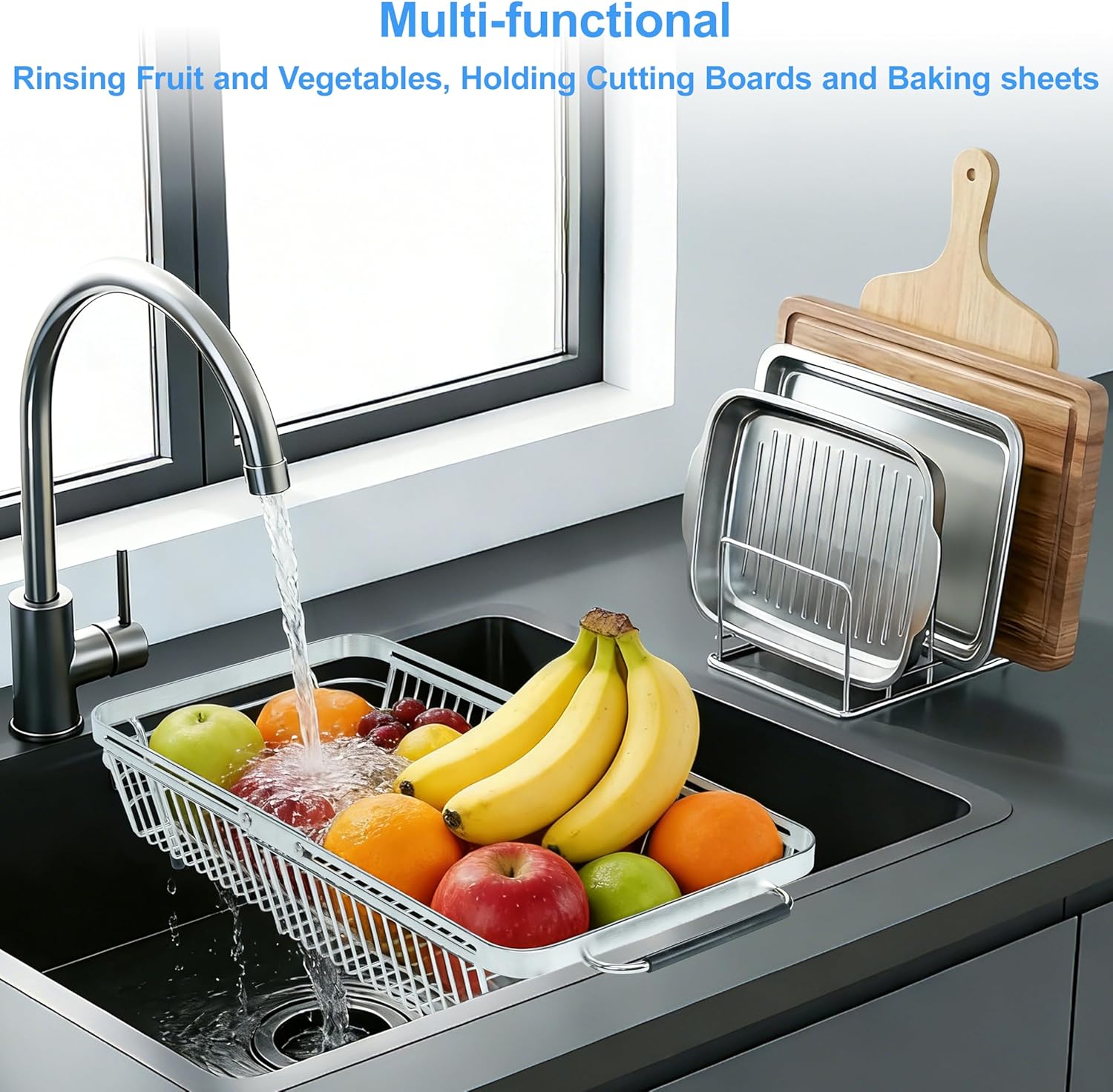 Dish Drying Rack Over The Sink, Stainless Steel Dish Racks for Kitchen Counter, Expandable Drainer for Kitchen Sink Organizer, 2-in-1 Extend Drain Basket and Plates Holder for Utensil Storage