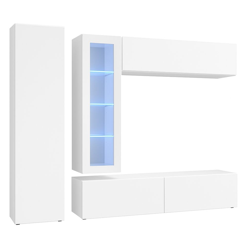 Mueble de salón moderno en color blanco, conjunto de estanterías con iluminación LED, armario y mesa baja para decoración y almacenamiento