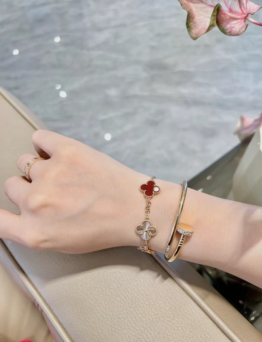 VCA Rose Gold Carnelian Vintage Alhambra Bracelet 5 Motifs - Original Replica Club