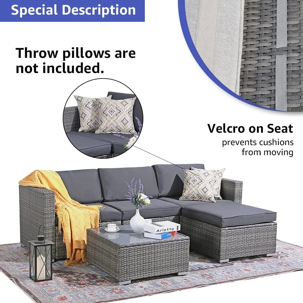 Patiorama 5-Piece Patio Furniture Set, Outdoor Sectional Conversation Set, All-Weather Grey PE Wicker with Light Grey Cushions, Backyard Porch Garden - Image 21