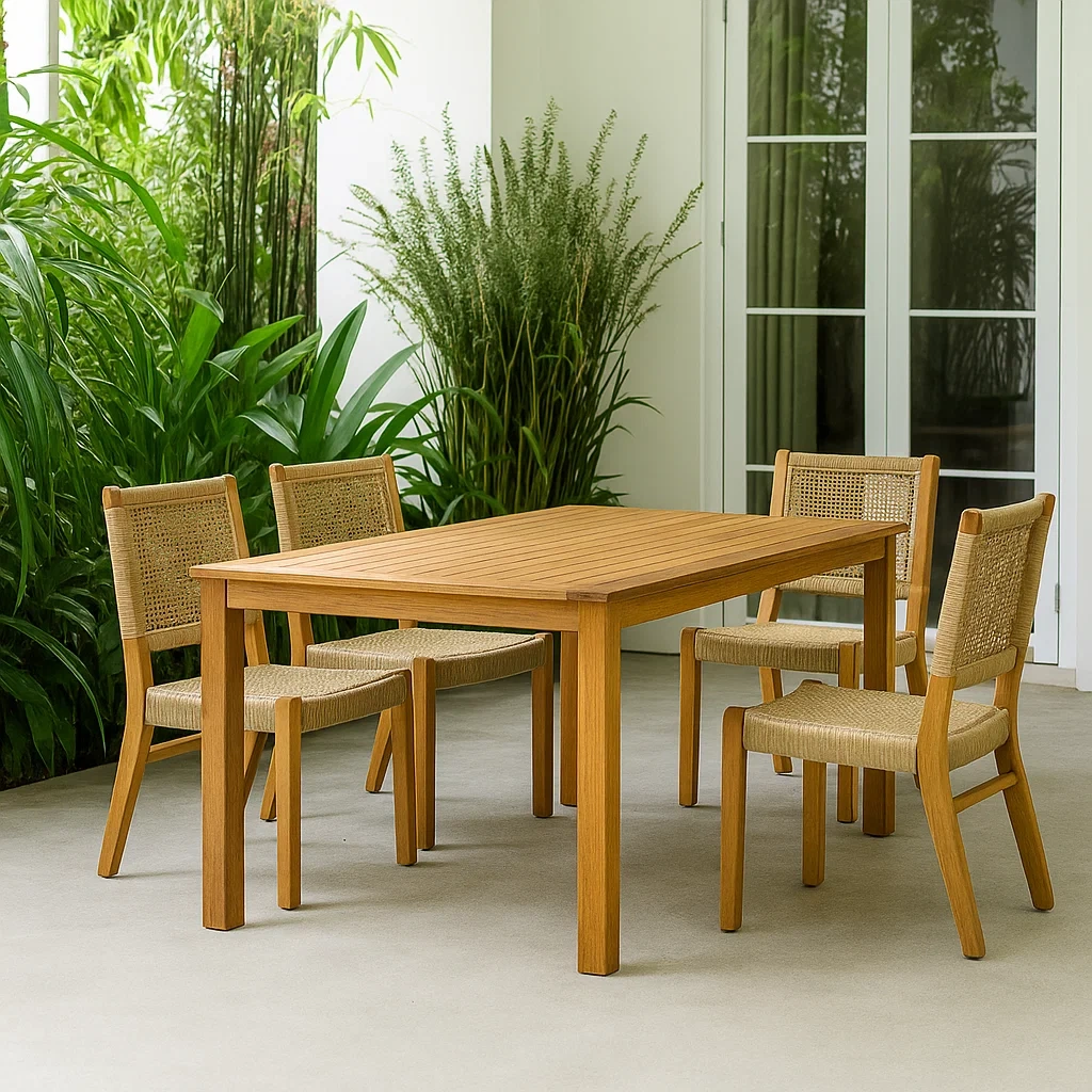 Conjunto de comedor de terraza,mesa rectangular con 4 sillas,natural,madera de teca,adecuado para jardín