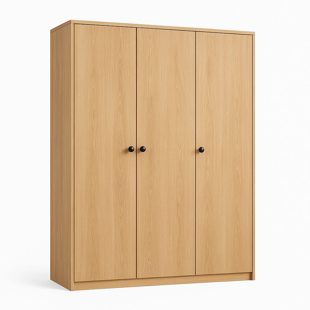 Armario de almacenamiento moderno de 3 puertas, estilo minimalista, acabado en madera clara, ideal para dormitorios y salas de estar