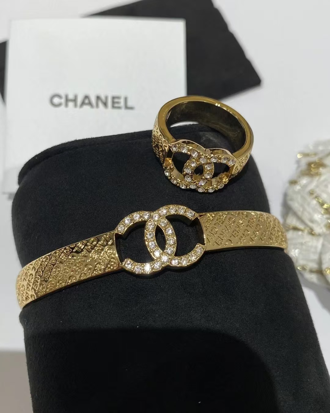 Chanel Hollow Diamond Paved Double C Open Bangle Bracelet - Original Replica Club