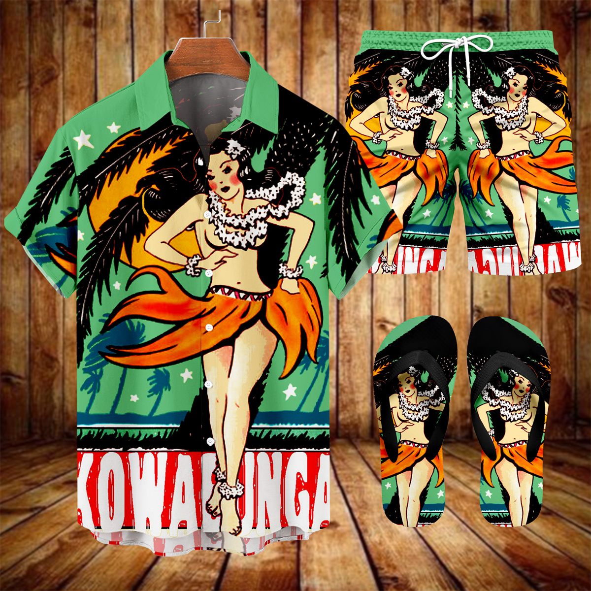 Suitmens Men's Tiki Party Hawaiian Vacation Print Three-Piece Set 028