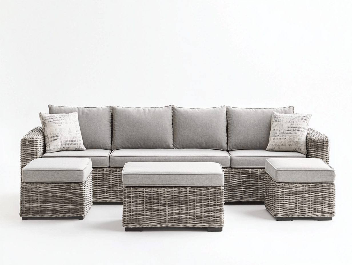 Sofá modular de jardín en ratán gris con cojines grises y reposapiés