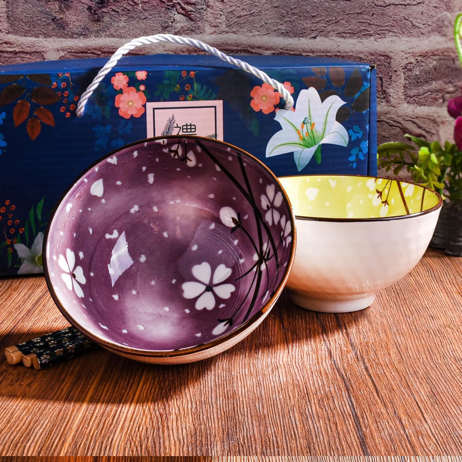 Japanese Cherry Blossom Ceramic Rice Bowl Set with Chopsticks Set of 2, Purple and Green
