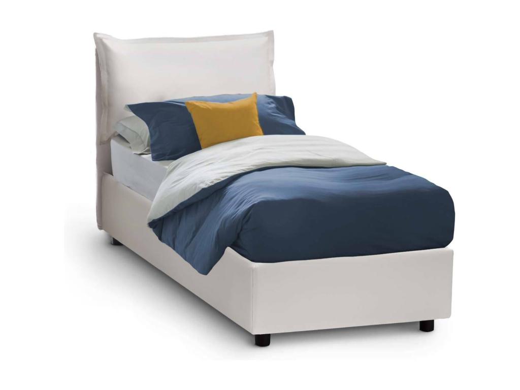 Cama individual Dcorrad, Cama contenedor con tapizado en ecopiel, 100% Made in Italy, Apertura frontal, adecuado para colchón Cm 90x190, Blanco
