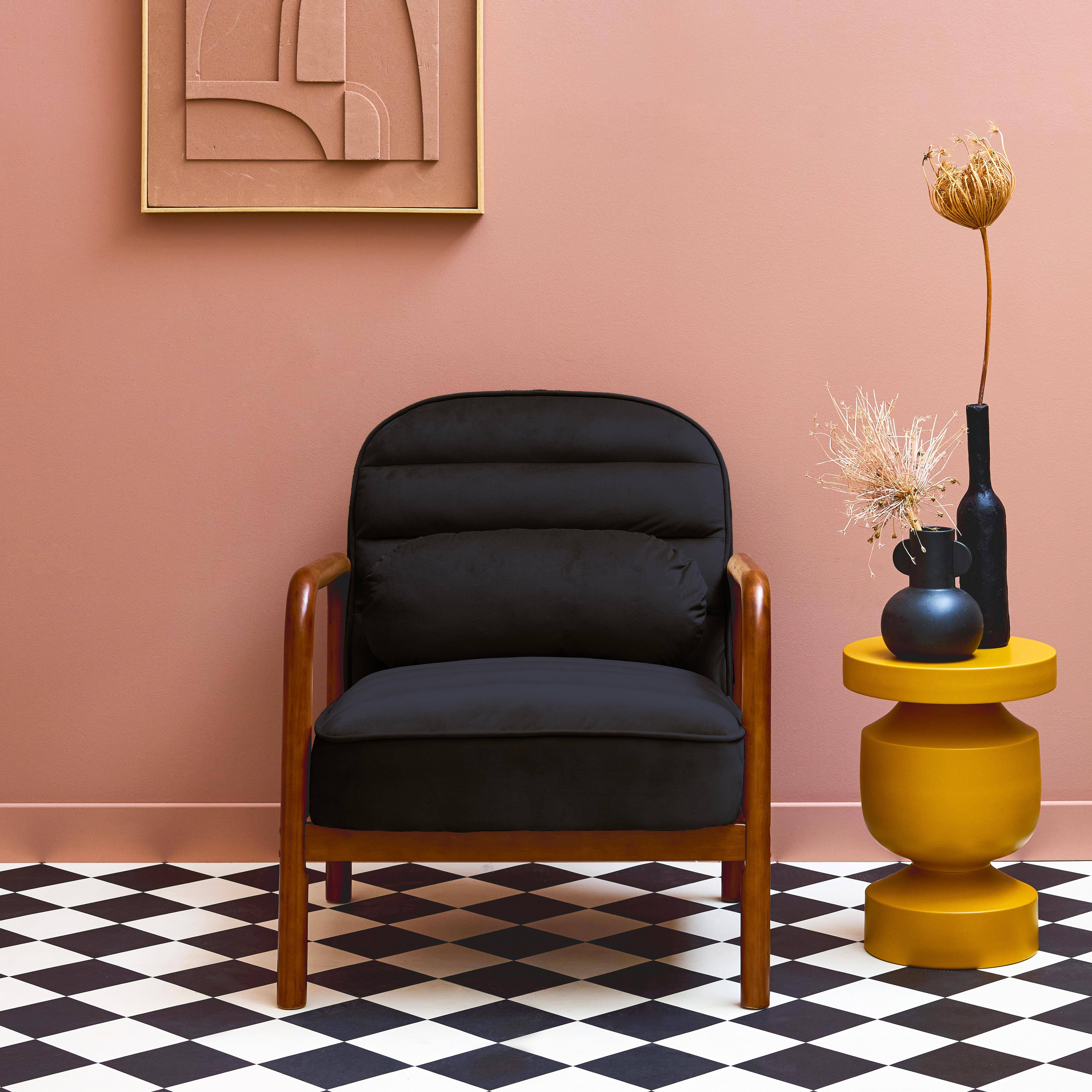 Amelie terciopelo - Sillón escandinavo de madera de hevea teñida de nogal y tela de terciopelo