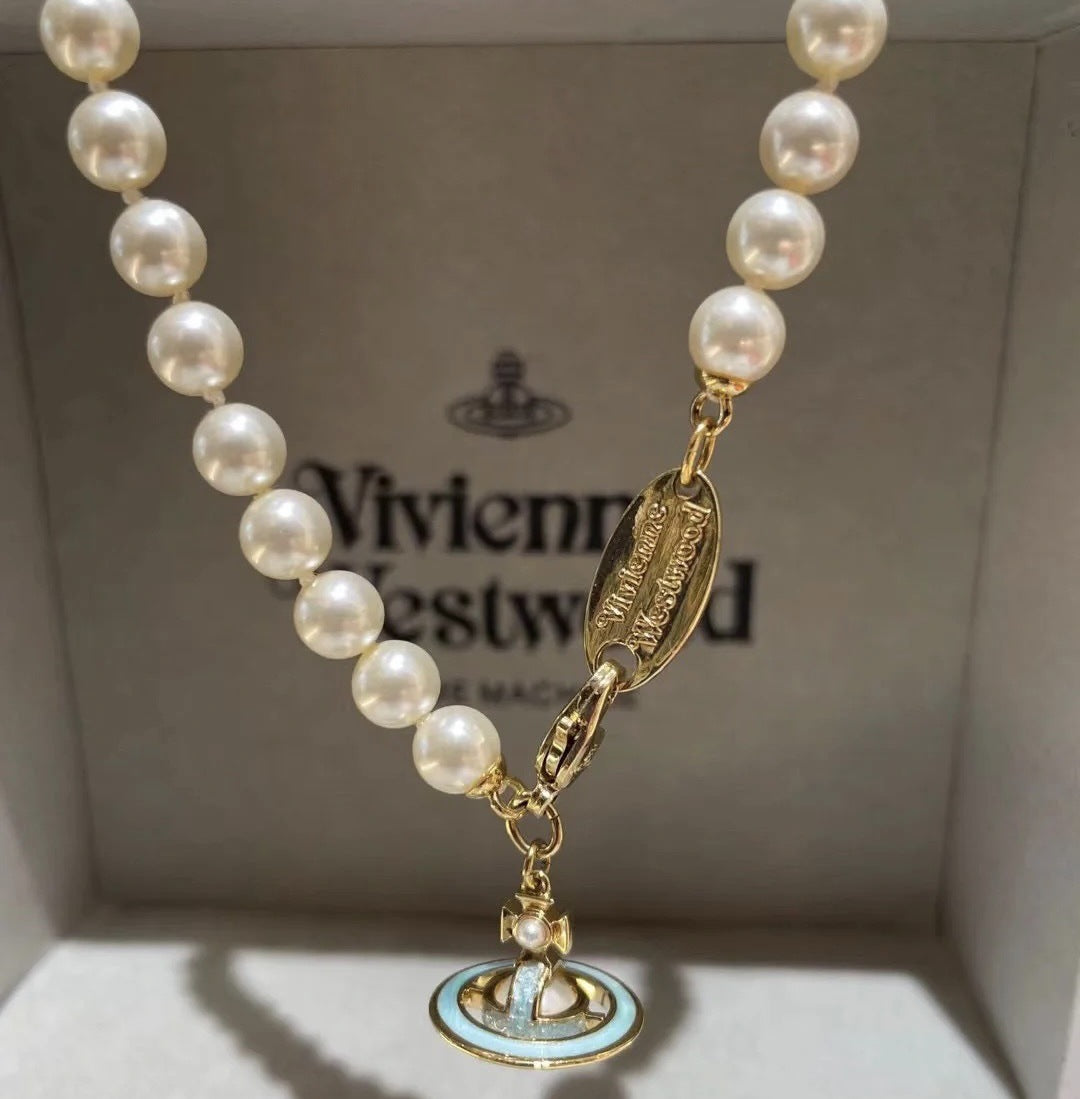 Vivienne Westwood Enamel Saturn Pearl Necklace - Original Replica Club