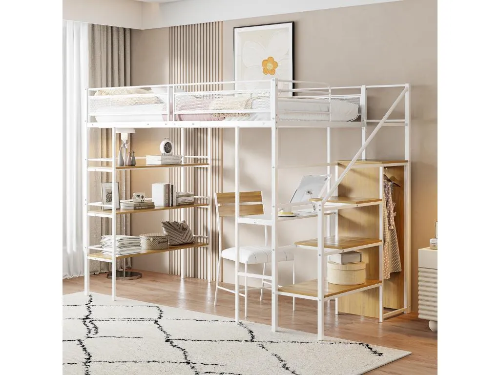 Cama entresuelo infantil 90x200cm Cama individual de hierro con escritorio 3 estantes escalera armario abierto y somieres - Blanco OXUV20605