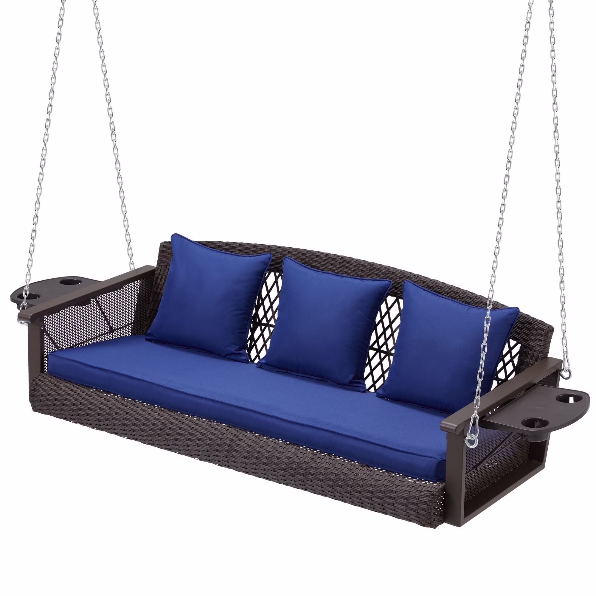 Homrest 3-Person Porch Swing 55in Wicker Hanging Swing Bench with Cushions and Cupholders for Deck, Garden and Backyard, Beige - Image 7