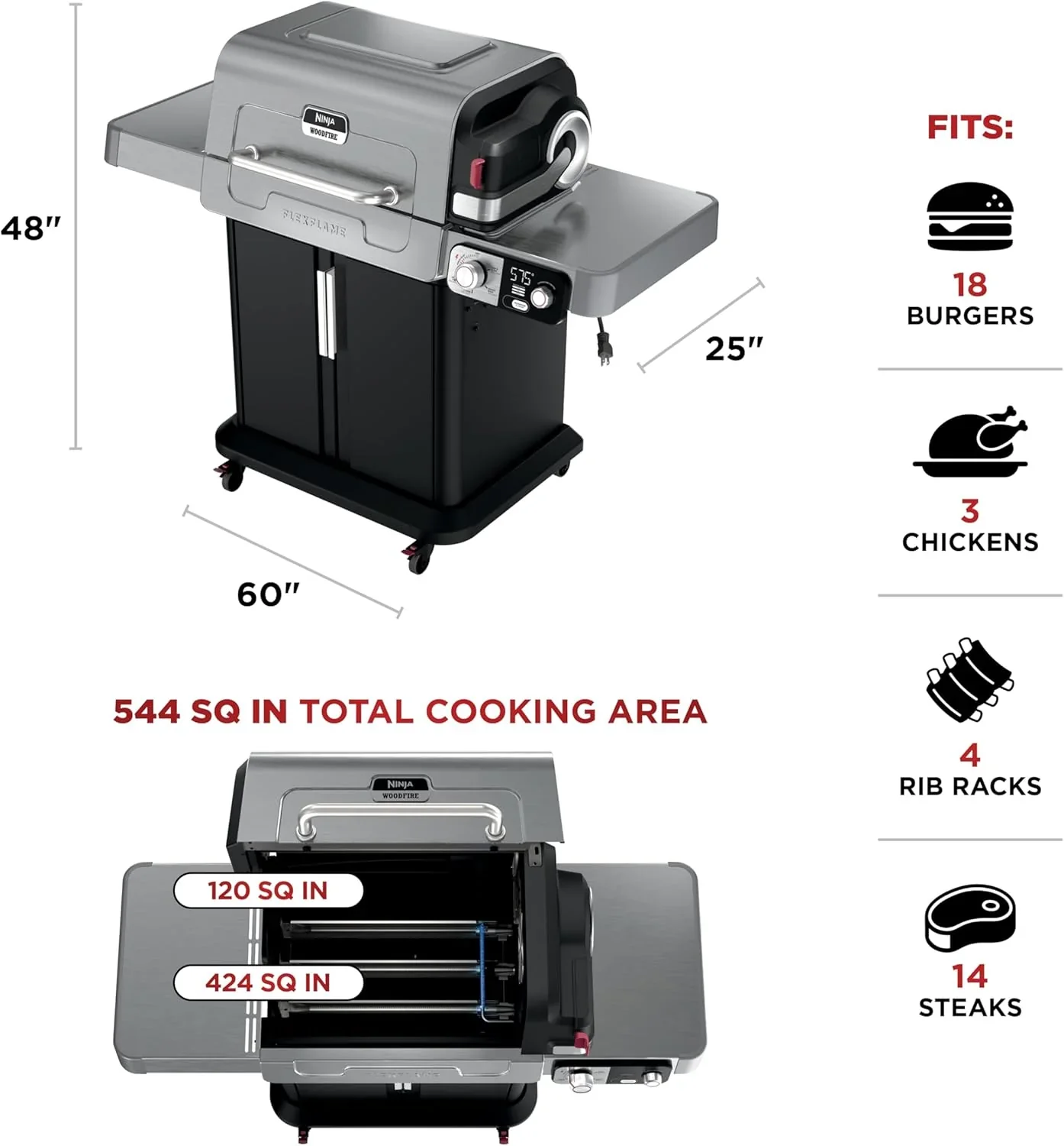 Ninja FlexFlame, Grill and Smoker, Electric and Propane Grill, Roaster, BBQ Grill, 5-in-1 Cooking System, 3 Burner, Digital Control, Outdoor Cooking, Griddle, Pizza Maker, Stainless Steel, PG301