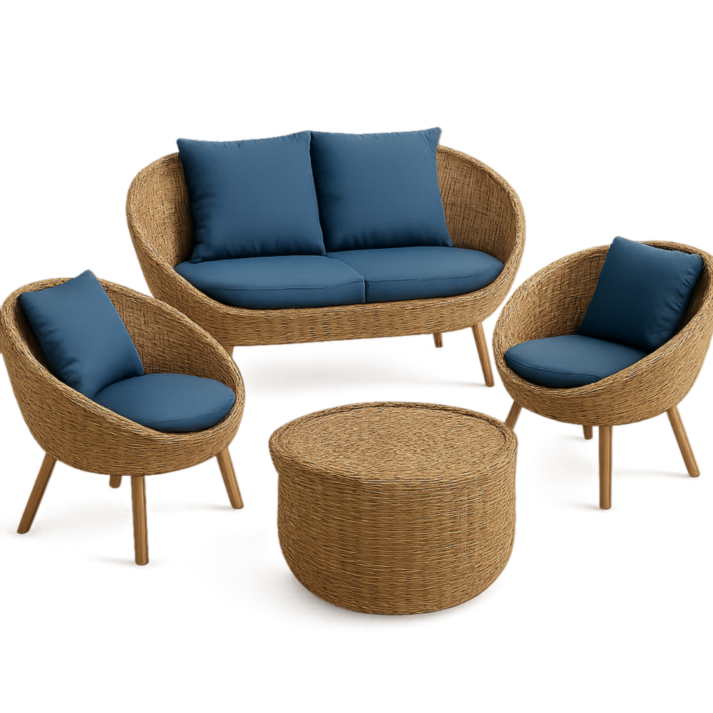 Conjunto de jardín 4 piezas: sofá 2 plazas, 2 sillones y mesa redonda de ratán sintético beige con cojines azules