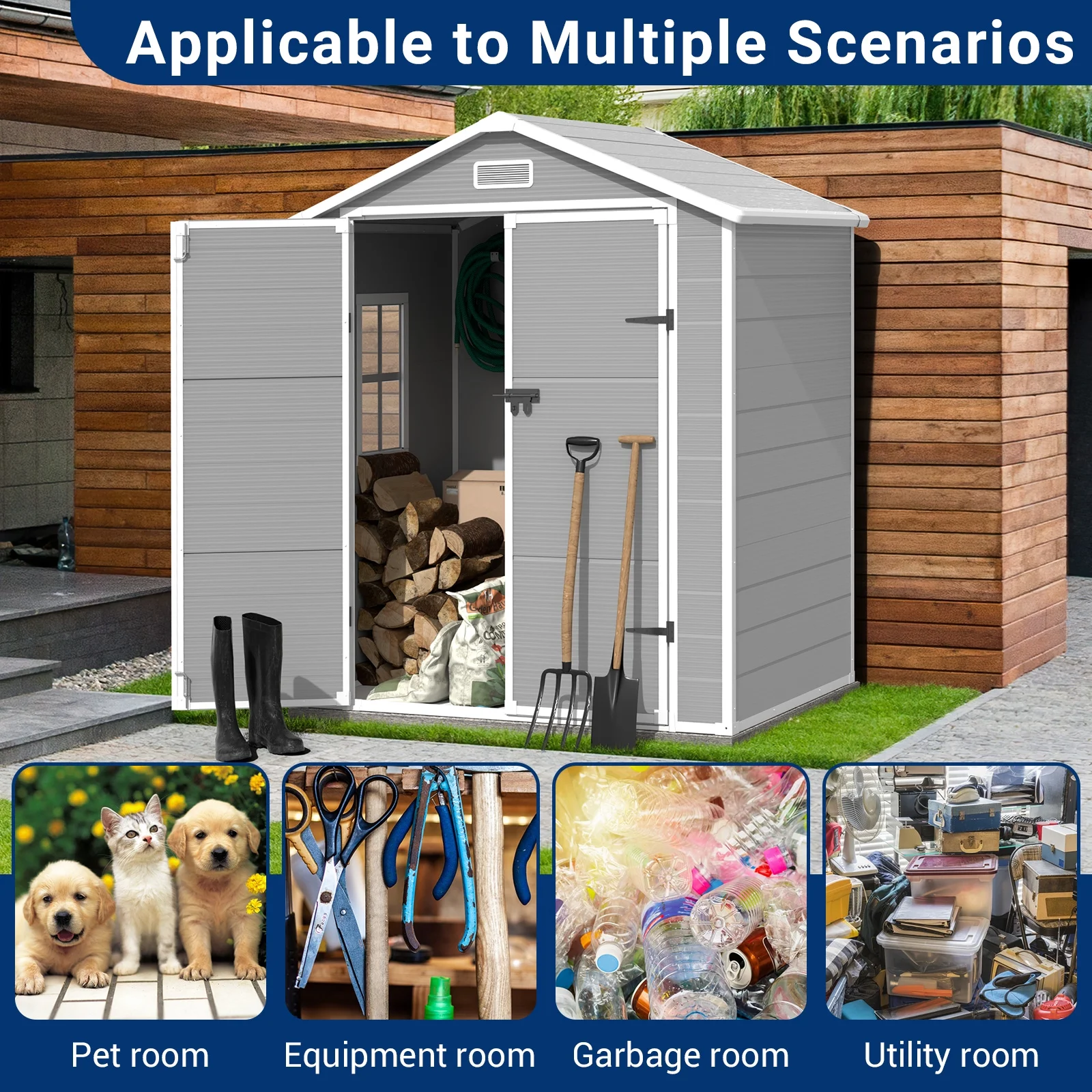 ELPOSUN Outdoor Storage Shed 6x4.5 ft, Resin Outside Sheds & Outdoor Storage Plastic for Trash Can, Bike, Lawnmower, Generator, Tool Shed with Lockable Door for Backyard, Lawn, Patio, Grey & White - Image 9