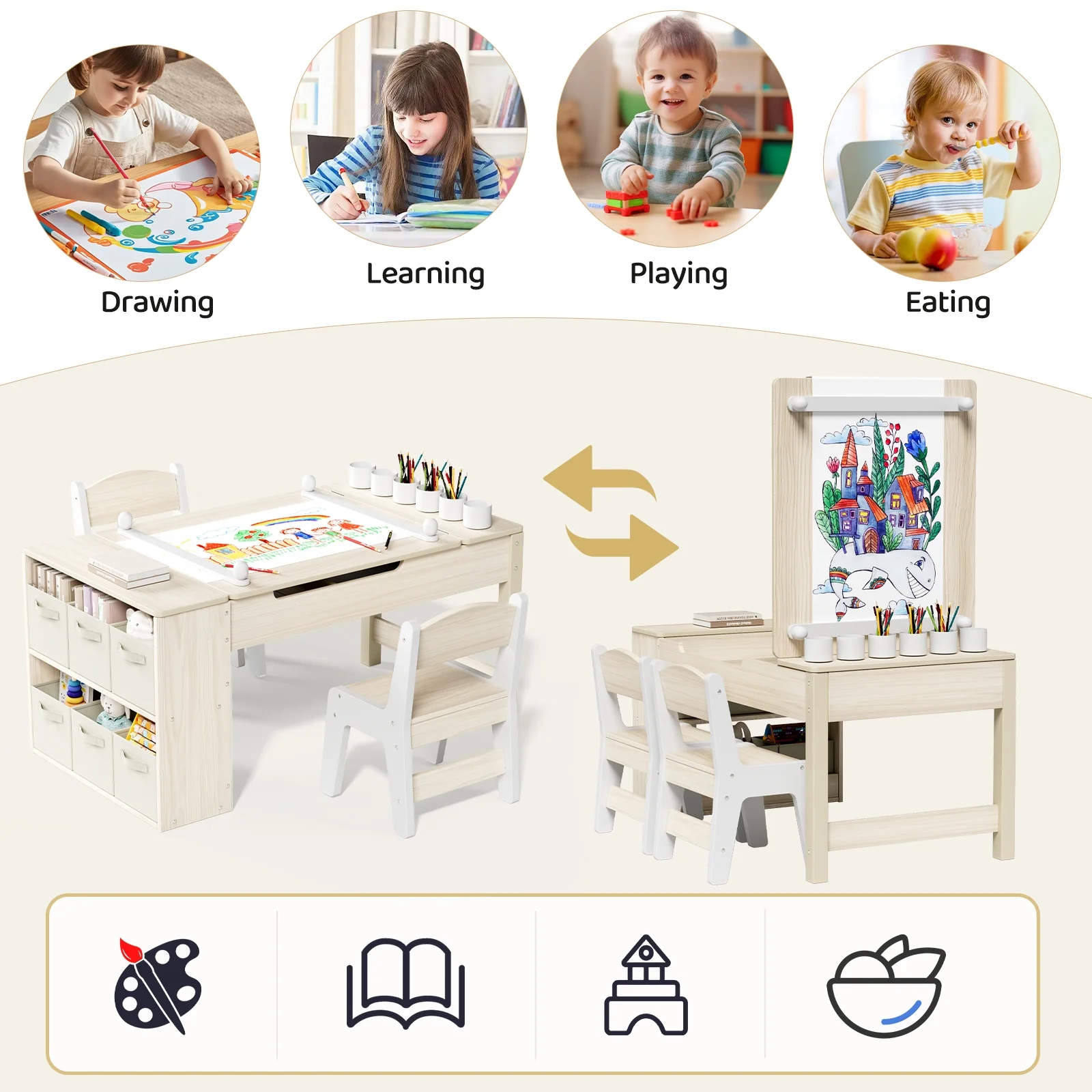 LAZY BUDDY Kids Art Table and 2 Chairs Set, 2 in 1 Easel & Toddler Craft Table and Chairs Set with Storage Bins, Paint Cups and Paper Roll, Activity Table Set for Children 3+ - Image 19