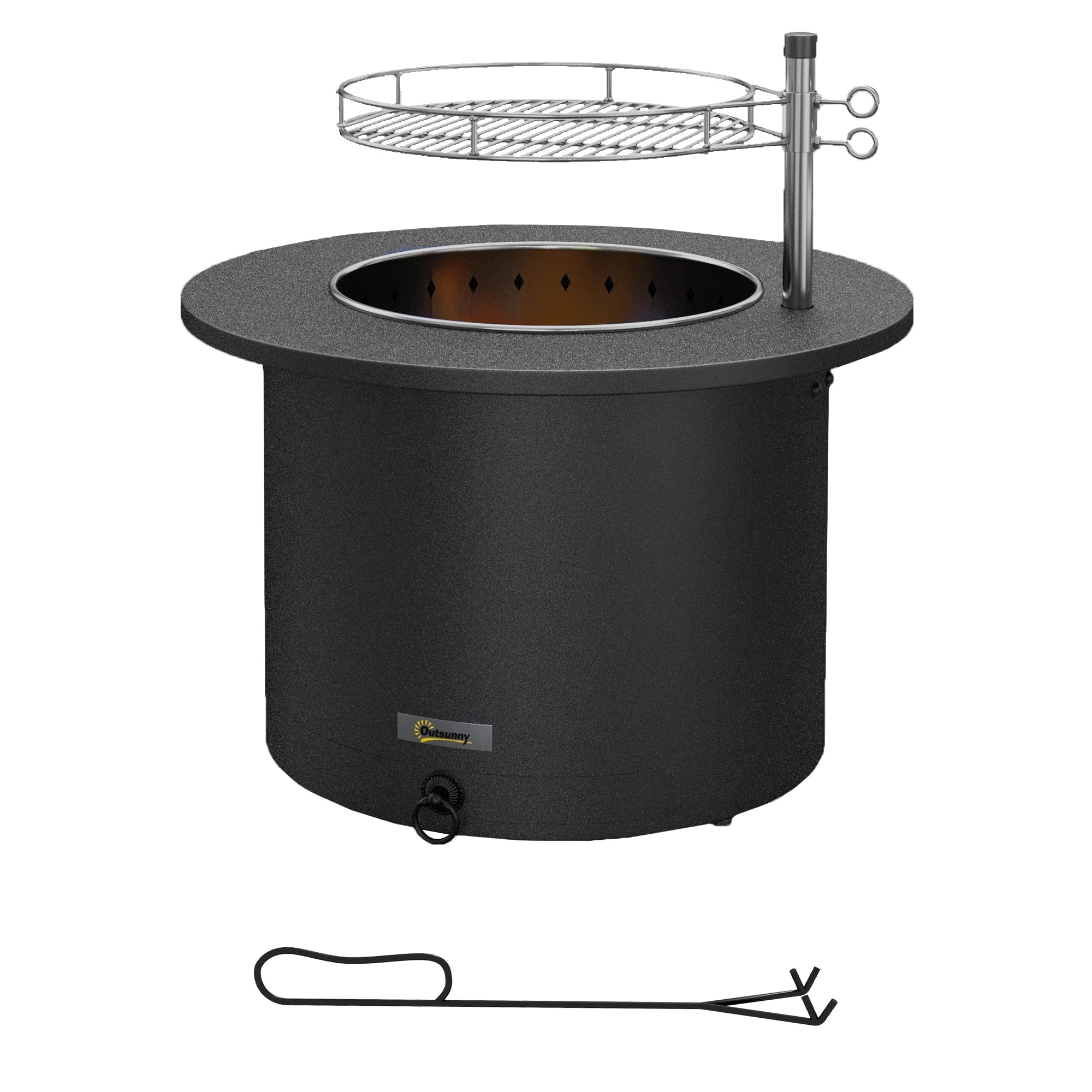 Outsunny 25" Smokeless Fire Pit, 2-in-1 Stainless Steel Firepit with Grill, Portable Wood Burning Fireplace with Poker and Ash Tray, Black - Image 2