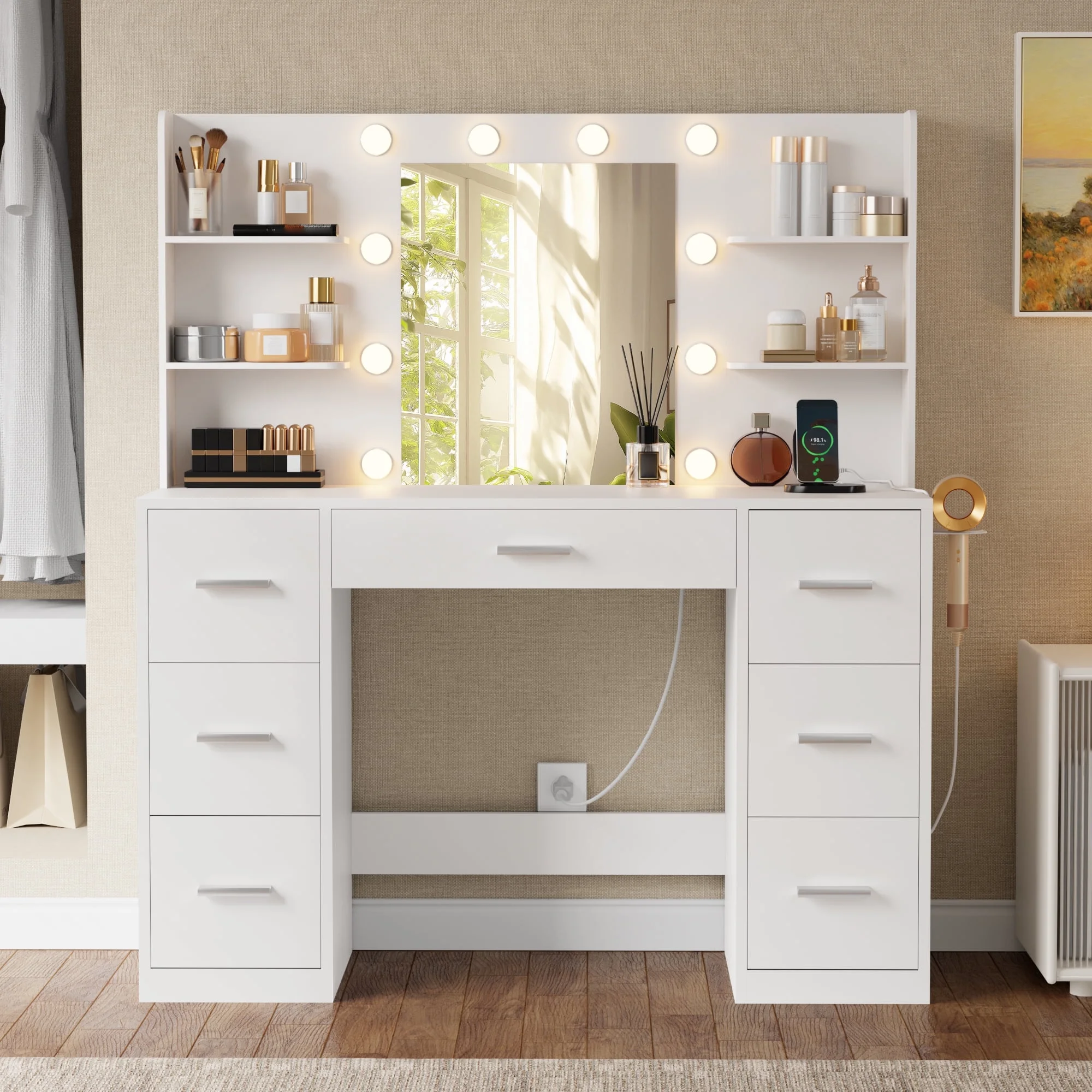 Lacoo Vanity Desk with Mirror and LED Lights, Makeup Vanity with 7 Drawers & 4 Shelves, Vanity Table with Power Outlet for Bedroom Dressing Room, White - Image 2