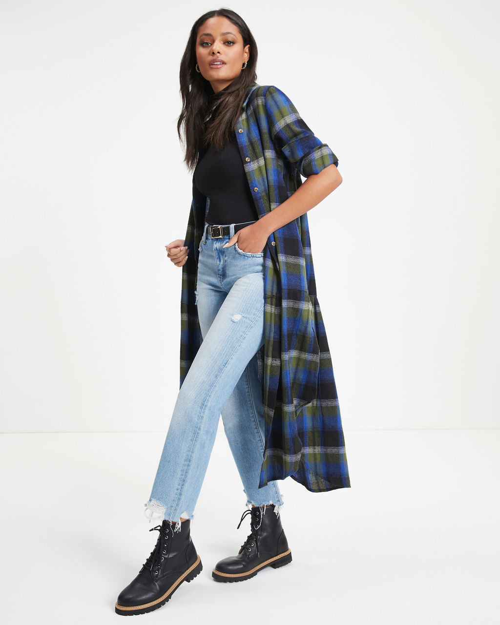 Jonathan Pocketed Plaid Button Down Midi Dress - Se7enfashion
