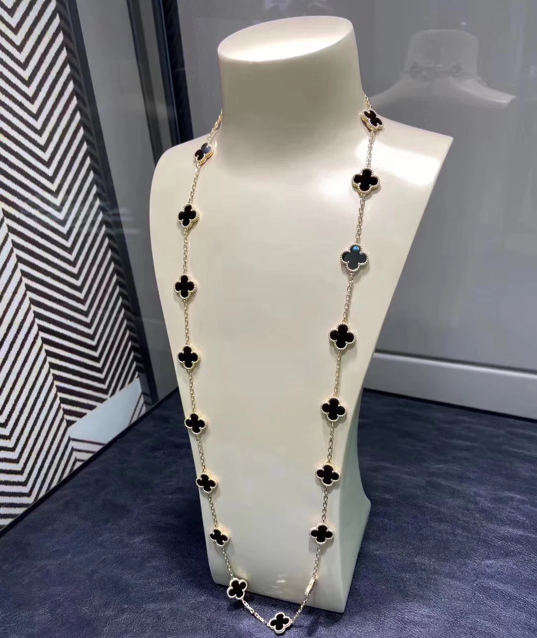 VCA Yellow Gold Black Clover Vintage Alhambra Long Necklace, 20 Motifs - Original Replica Club