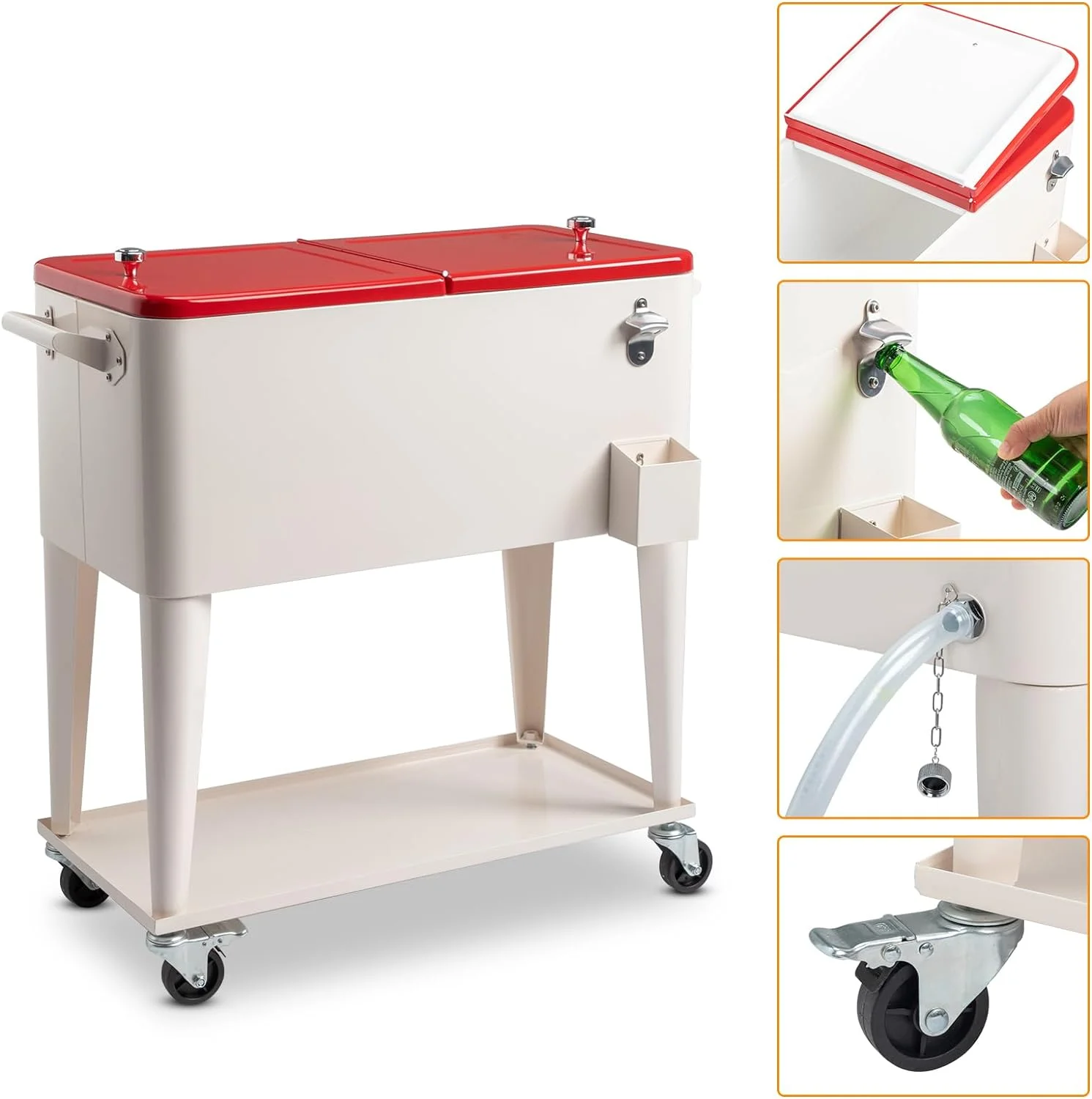 80 Quart Rolling Ice Chest, Portable Bar Drink Cooler with Catch Basin, Bottom Storage Tray and Bottle Opener for Patio Party BBQ Beach Activities - Image 22
