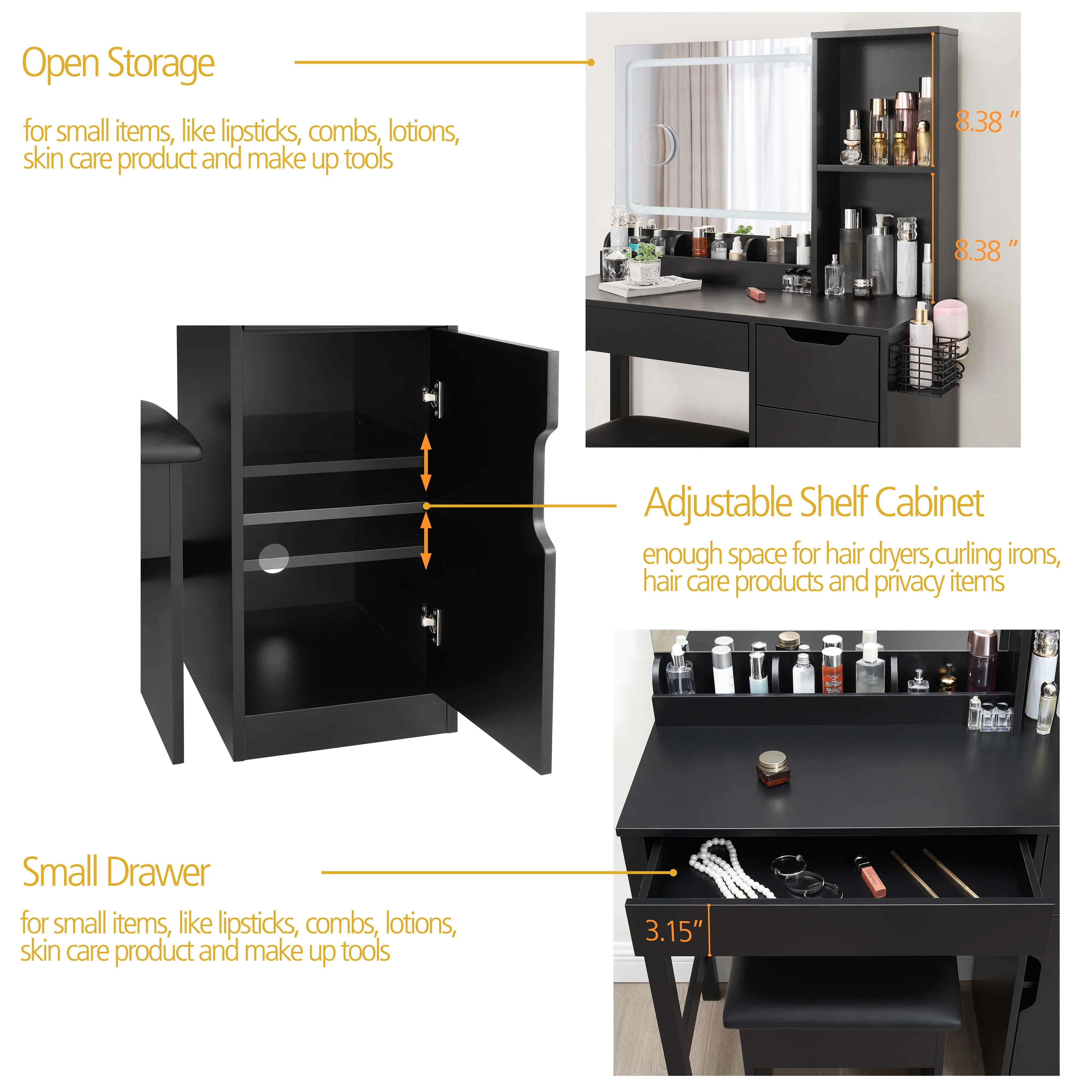 Mainstays Get Ready with Me GRWM Deluxe 2-Piece Vanity and Stool with Lighted Mirror and USB Power, White Finish - Image 37