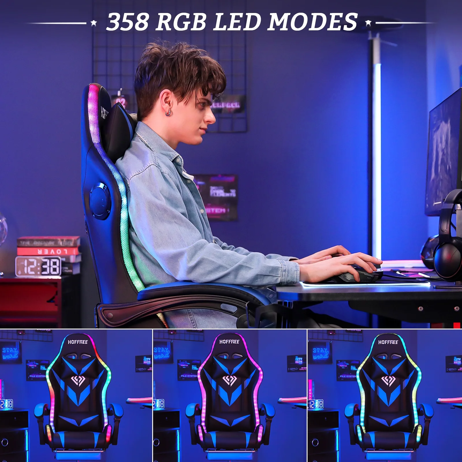 Hoffree Gaming Chair with Speakers PU Leather Office Chair with Footrest and LED Lights Ergonomic Gamer Chair with Massage Lumbar Support and Headrest Adjustable Swivel for Home Office 300lb - Image 8