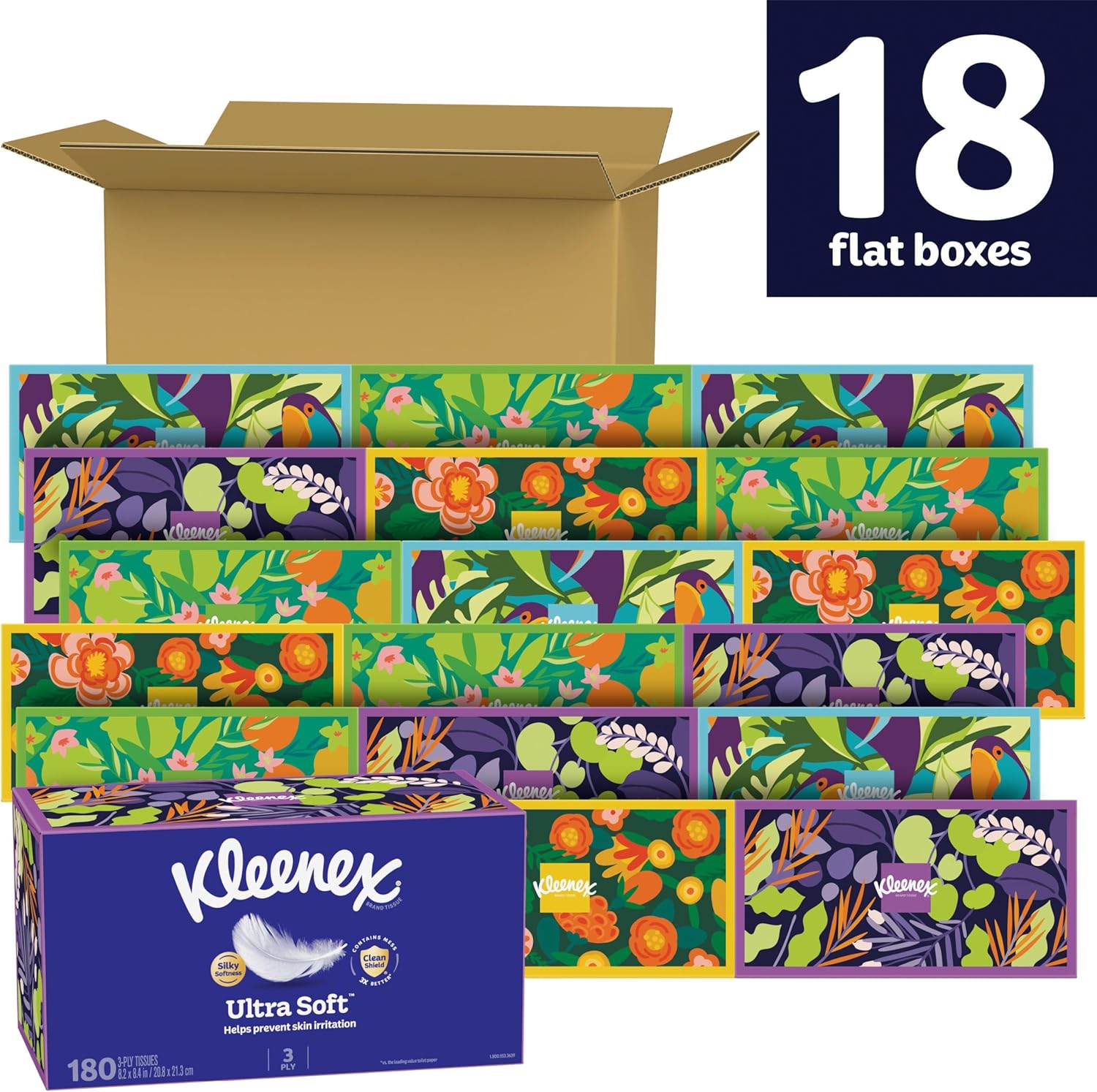 Kleenex Ultra Soft Facial Tissues, 18 Flat Boxes, 180 Tissues per Box, 3-Ply (3240 Total), Packaging May Vary