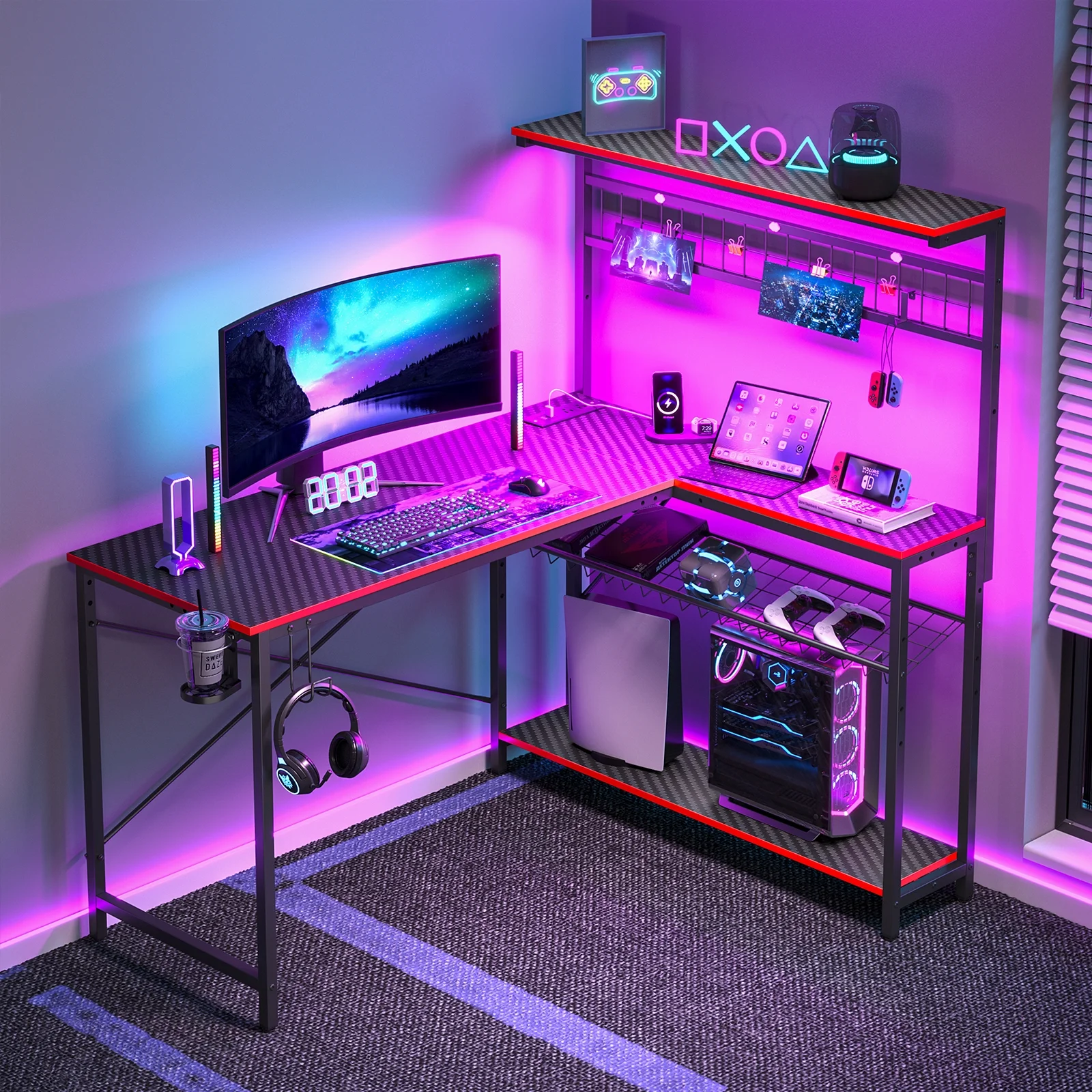 Bestier 51 L Shaped Gaming Desk with Power Outlets & LED Light, Computer Desk with 4 Tiers Shelves for Home Office, Reversible Gamer Table with Hooks and Cup Holder, Carbon Fiber - Image 26