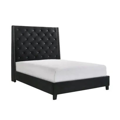 Queen Size Maze Bed with Button Tufting, Nailhead Accents, and Black Fabric Upholstery