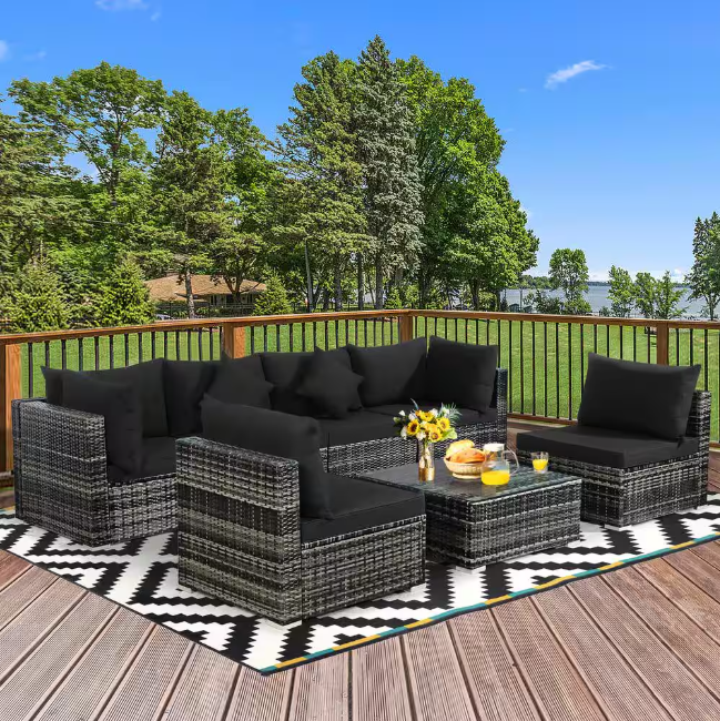 WAYFAIR 7-Piece Wicker Patio Conversation Set With Black Cushions