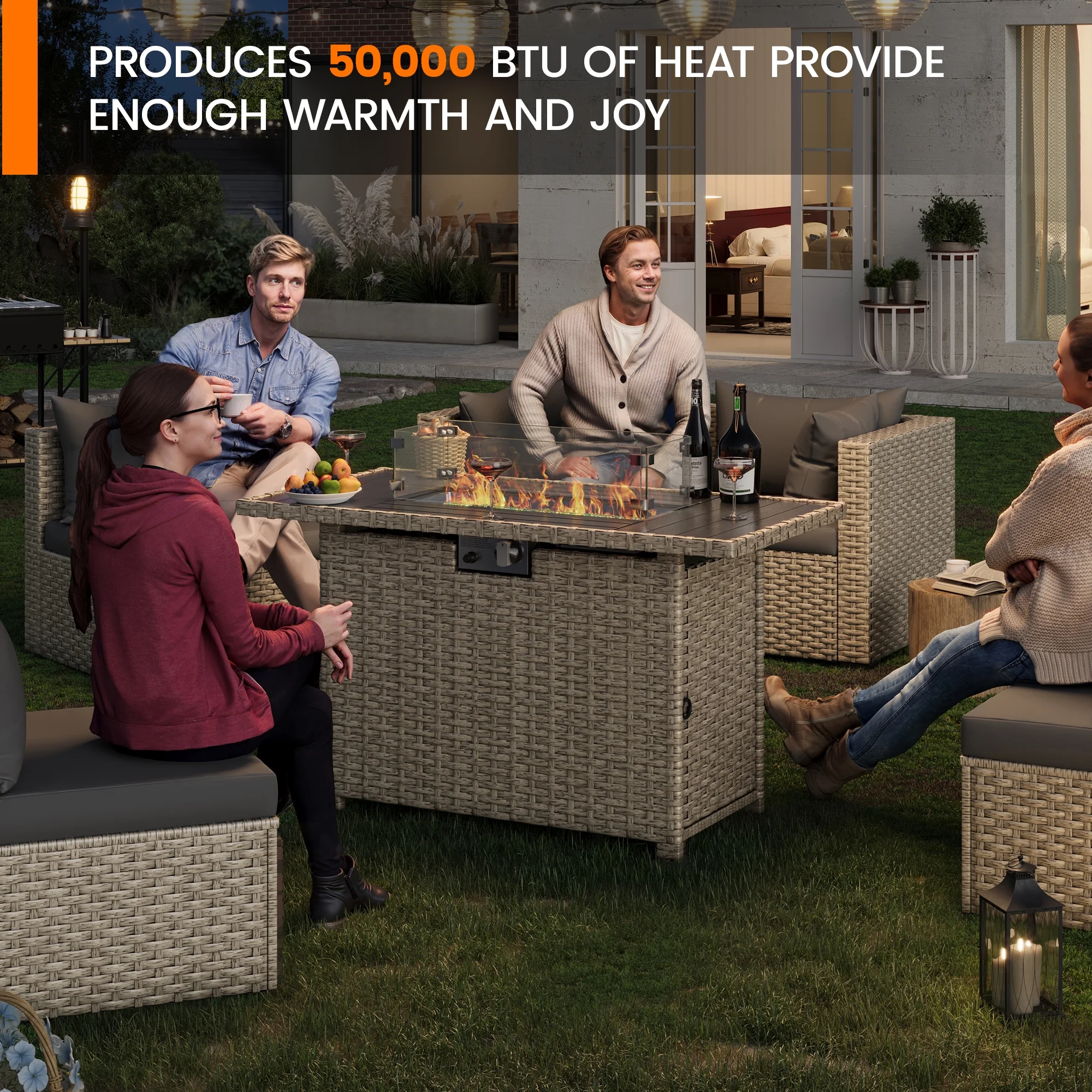 MRUAKA 8 Pieces Patio Furniture Set with Fire Pit Table, Outdoor Furniture Sectional Rattan Sofa with Slanted Back, Patio Couch with Glass Coffee Table for Backyard Garden (Dark Grey) - Image 2