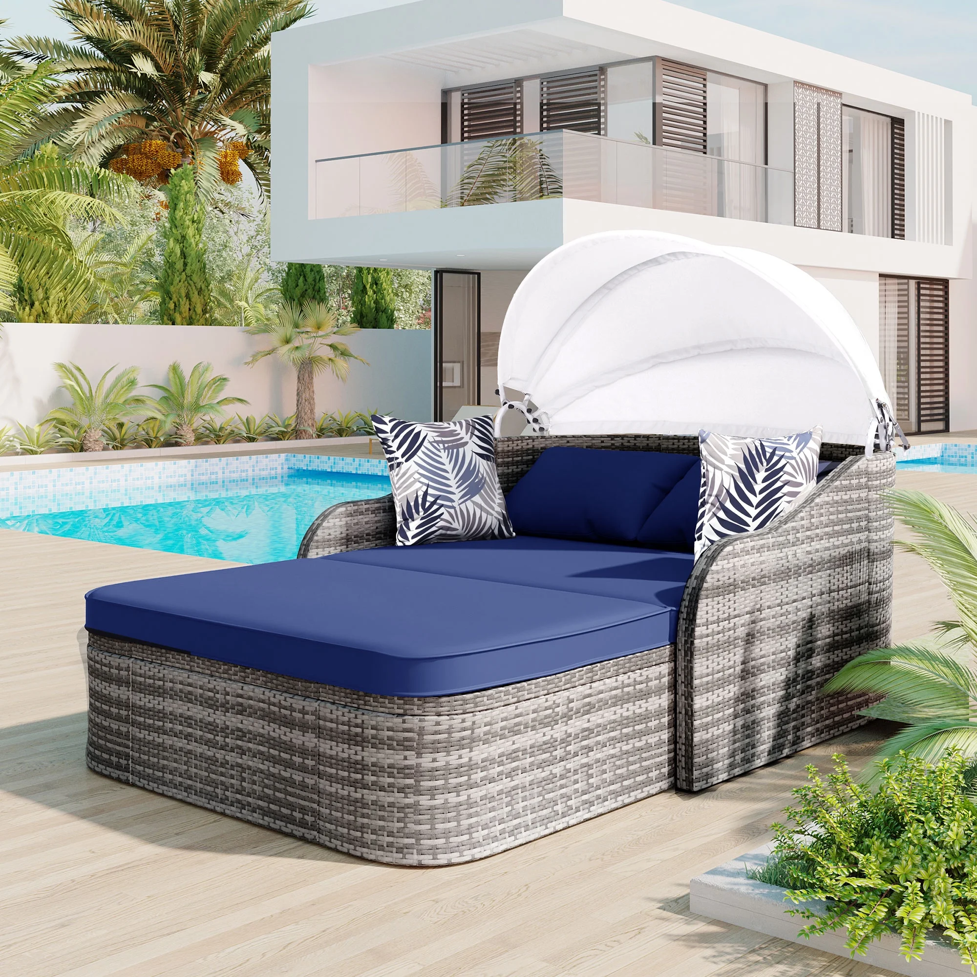 Harper & Bright Designs Rattan Outdoor Double Lounge Chaise 2-Person PE Wicker Outdoor Patio Sunbed with Canopy Cover for Backyard Garden Balcony, Beige+Black - Image 81