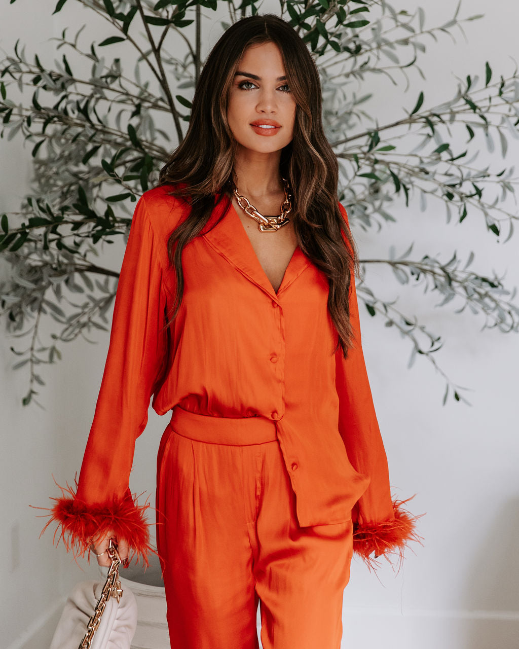 Marilynn Satin Feather Trim Button Down Top - Burnt Orange - Se7enfashion