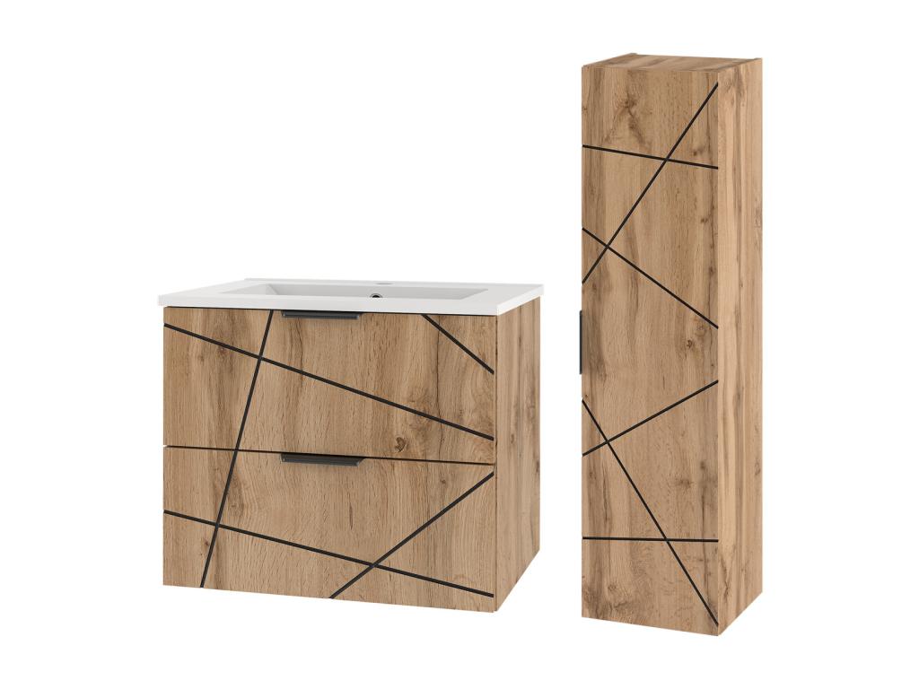 Conjunto de muebles con lavabo individual encastrado 60cm y columna Teren Madera