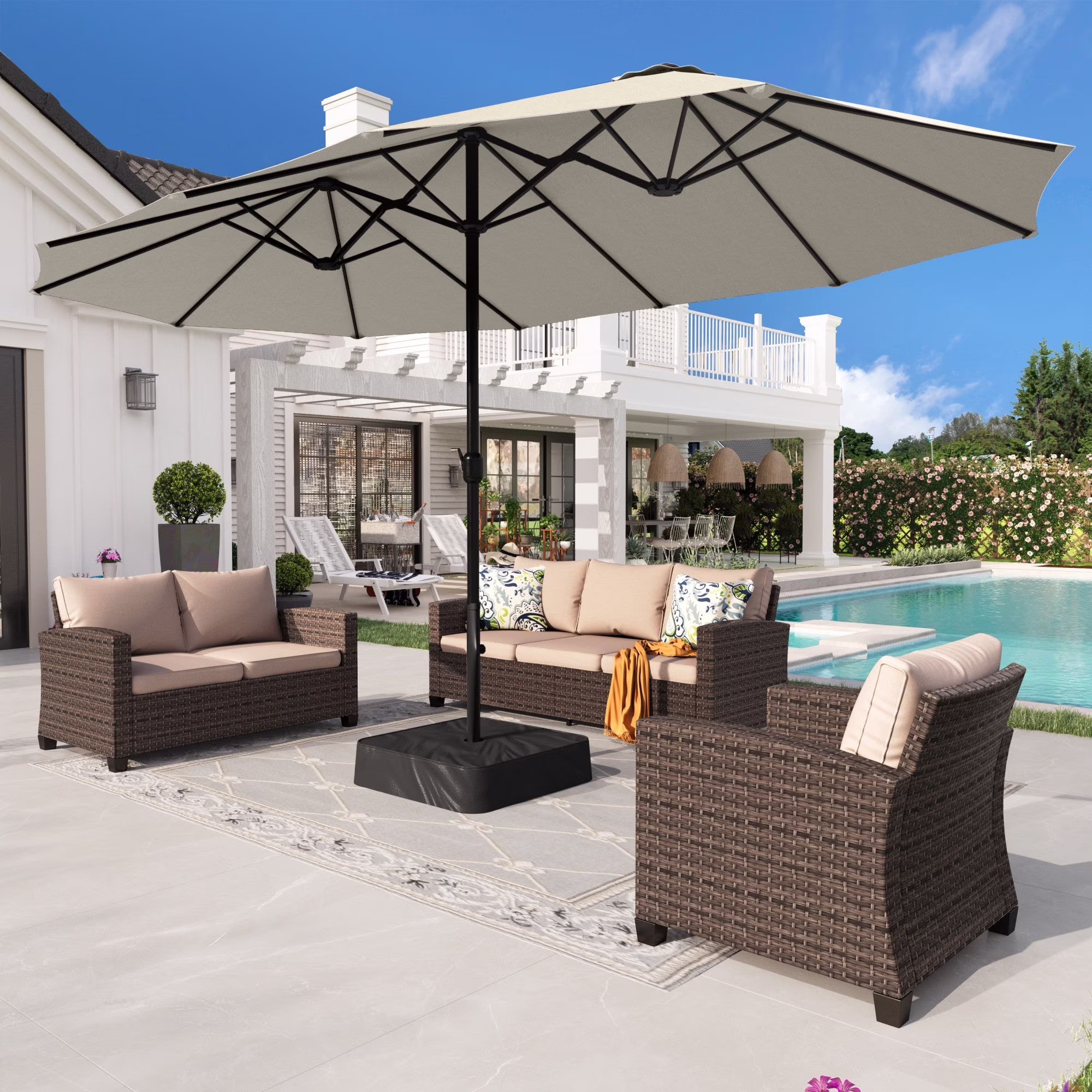 Alpha Joy 15ft Outdoor Patio Umbrella Extra-Large Double-Sided Garden Umbrella with Crank Handle and Base - Smoky Gray - Image 18