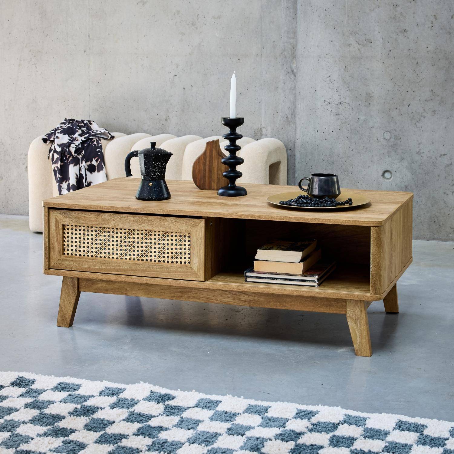 Mani - Mesa de centro con puerta corredera, 2 nichos, efecto madera y caña