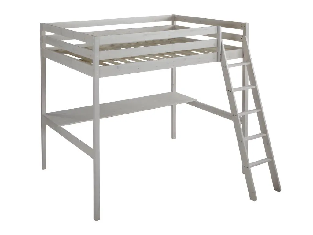 Cama alta Cosinor - 140x190 cm - con escritorio - pino macizo - blanqueado fgu126311