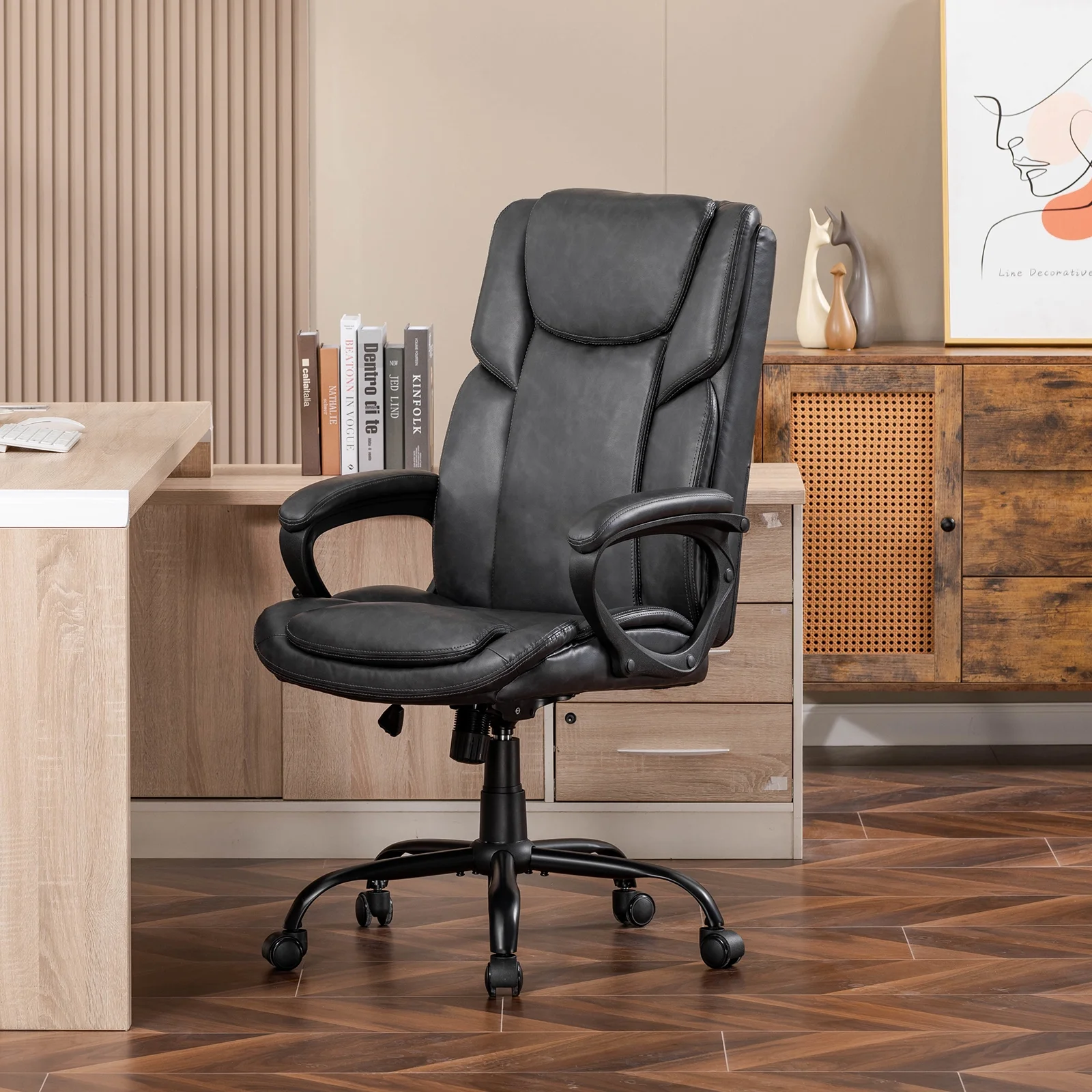 Mainstays Executive Ergonomic High Back Leather Home Office Desk Chair, Black - Image 33