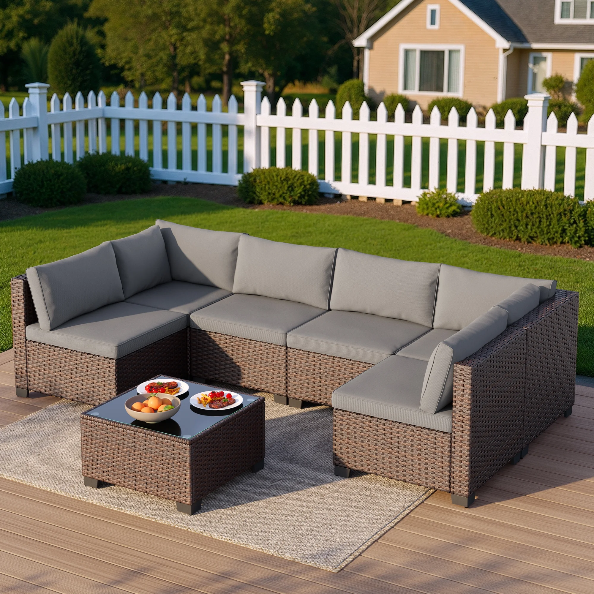 Aiho 7-Piece Rattan Patio Furniture Set , Outdoor Sectional Furniture Set for Patio, Garden, Backyard, Grey - Image 8