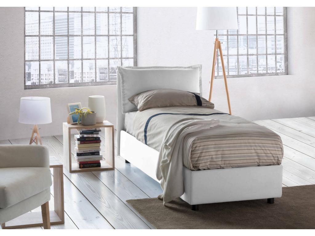Cama individual Vanessa, Cama contenedor con revestimiento de tela, 100% Made in Italy, Apertura frontal, Apta para colchón de 80x190 cm, Blanco
