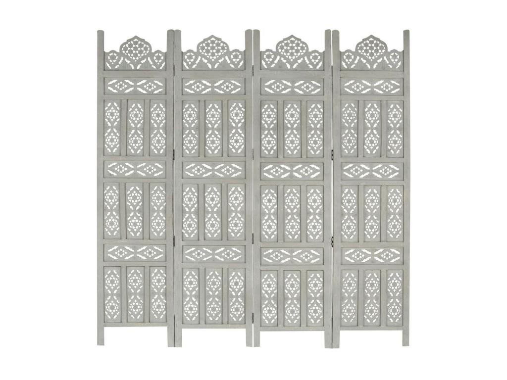 Biombo 4 paneles tallado a mano madera mango gris 160x165 cm