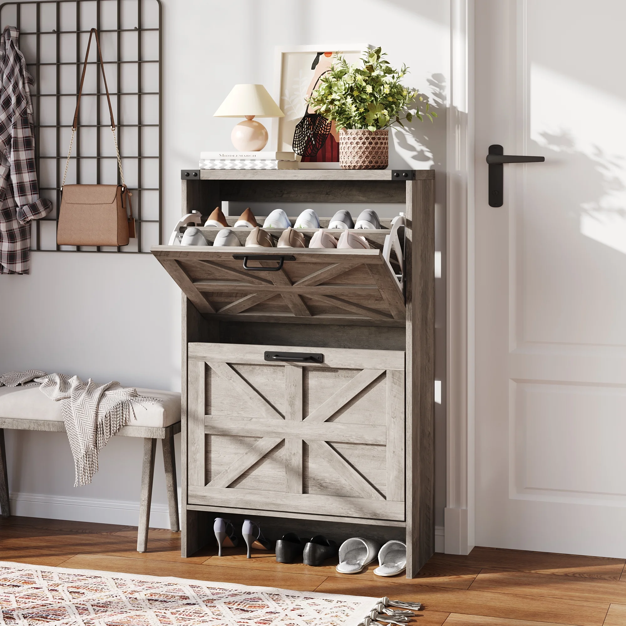 VEANERWOOD Shoes Storage Cabinet With Doors, Farmhouse Shoe Cabinet With 2 Flip Drawers For Entryway,Gray - Image 30