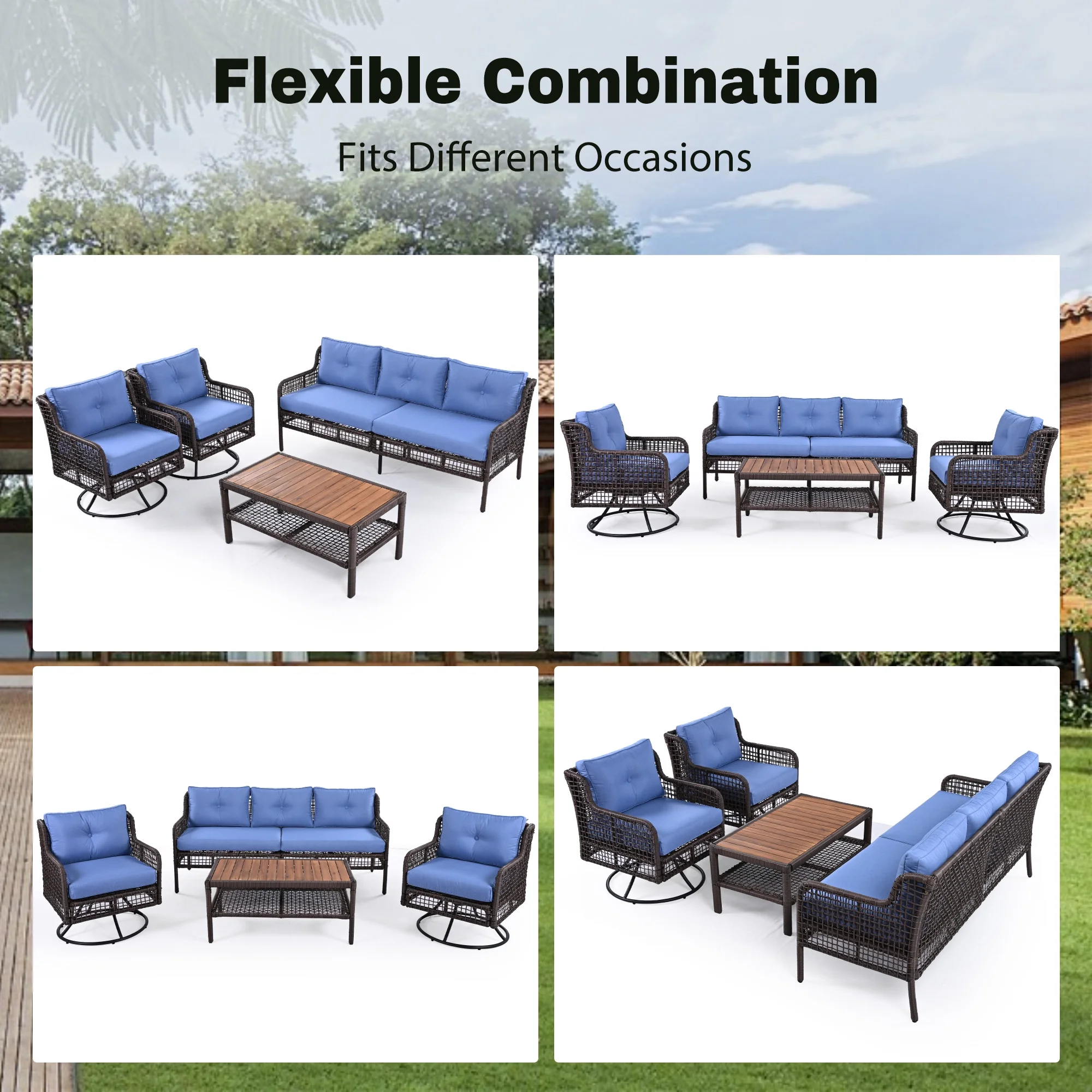 8 Pieces Outdoor Wicker Round Furniture Set, All Weather Half-Moon Sectional Patio Sofa Sets with Rectangular Coffee Table, Beige - Image 35