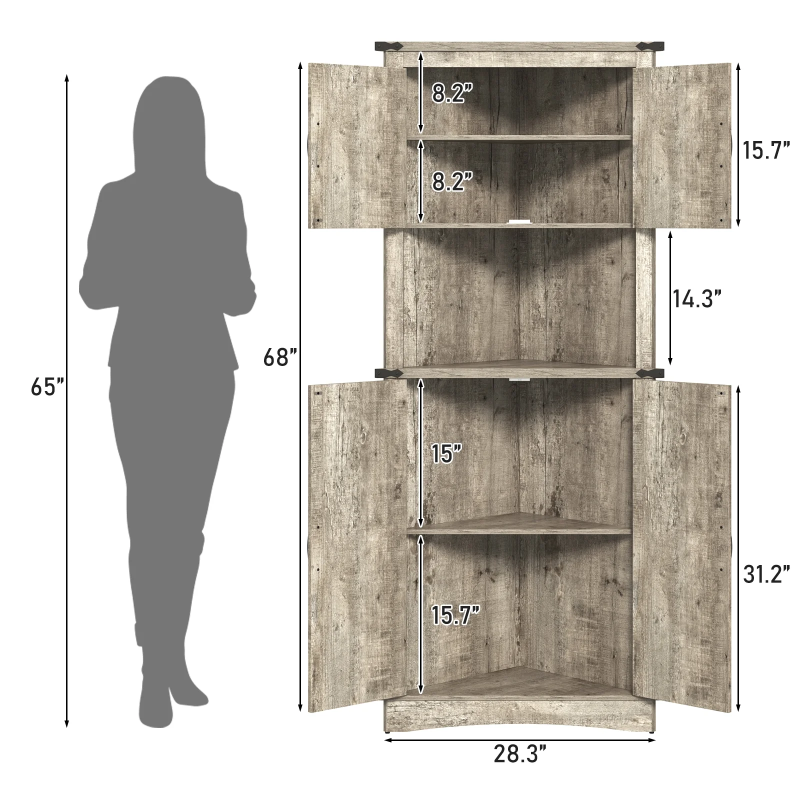Blotout 68" Tall Farmhouse Corner Cabinet with 4 Doors, 28.3" W Barn Door Storage Cabinet with Adjustable Shelves, 5 Tier Corner Storage Cabinet for Bathroom,Living Room,Kitchen - Image 11
