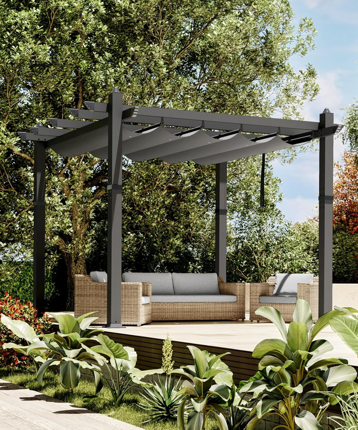 EastVita 10x10 Ft Aluminum Pergola,Outdoor Pergola with Adjustable Canopy,Reinforced Frame Metal Pergola for Backyard,Garden and Deck - Khaki - Image 12