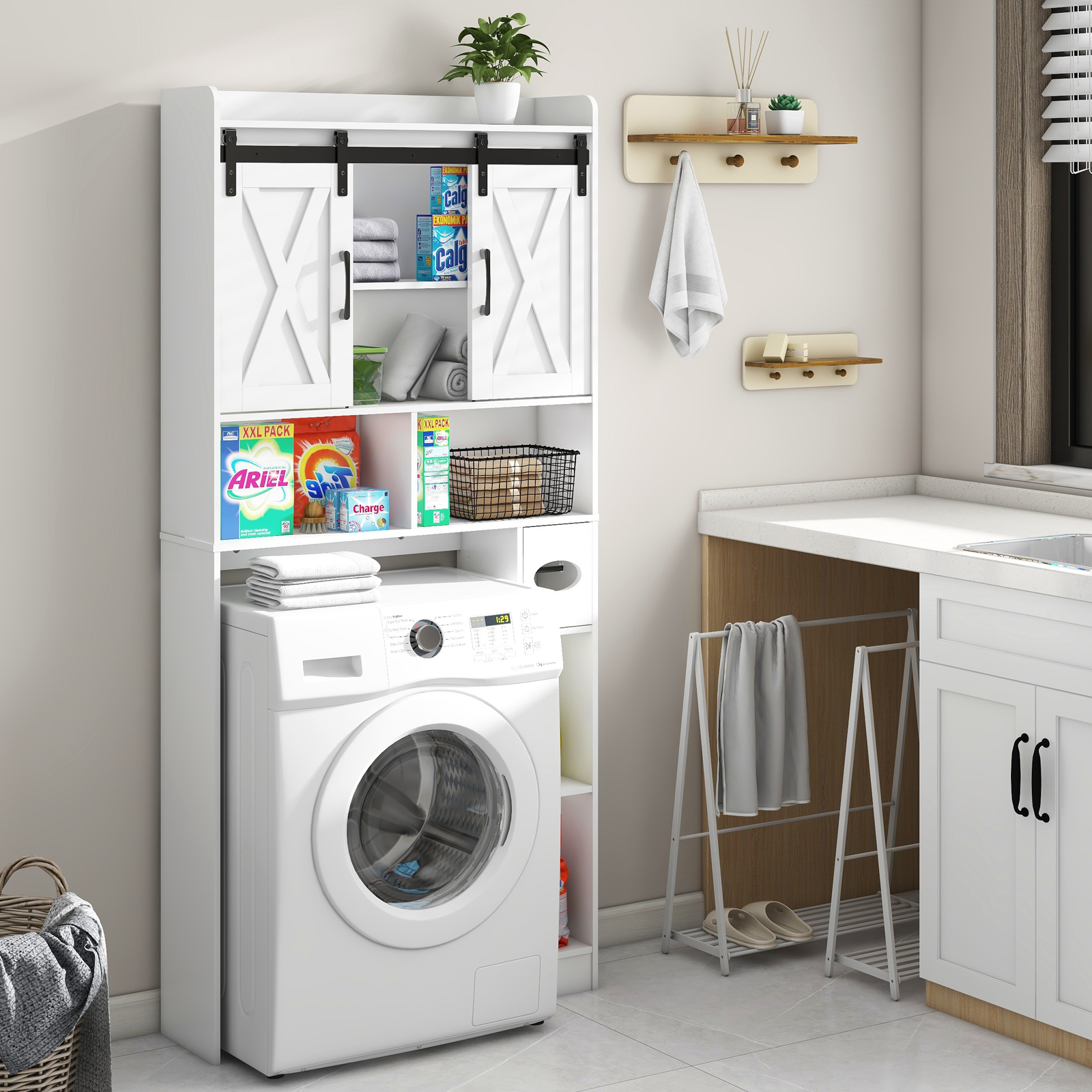 Over The Toilet Storage Cabinet, Farmhouse Storage Cabinet Over Toilet with Sliding Doors-Home Space-Saving Toilet Rack, for Bathroom, Restroom, Laundry - Image 10