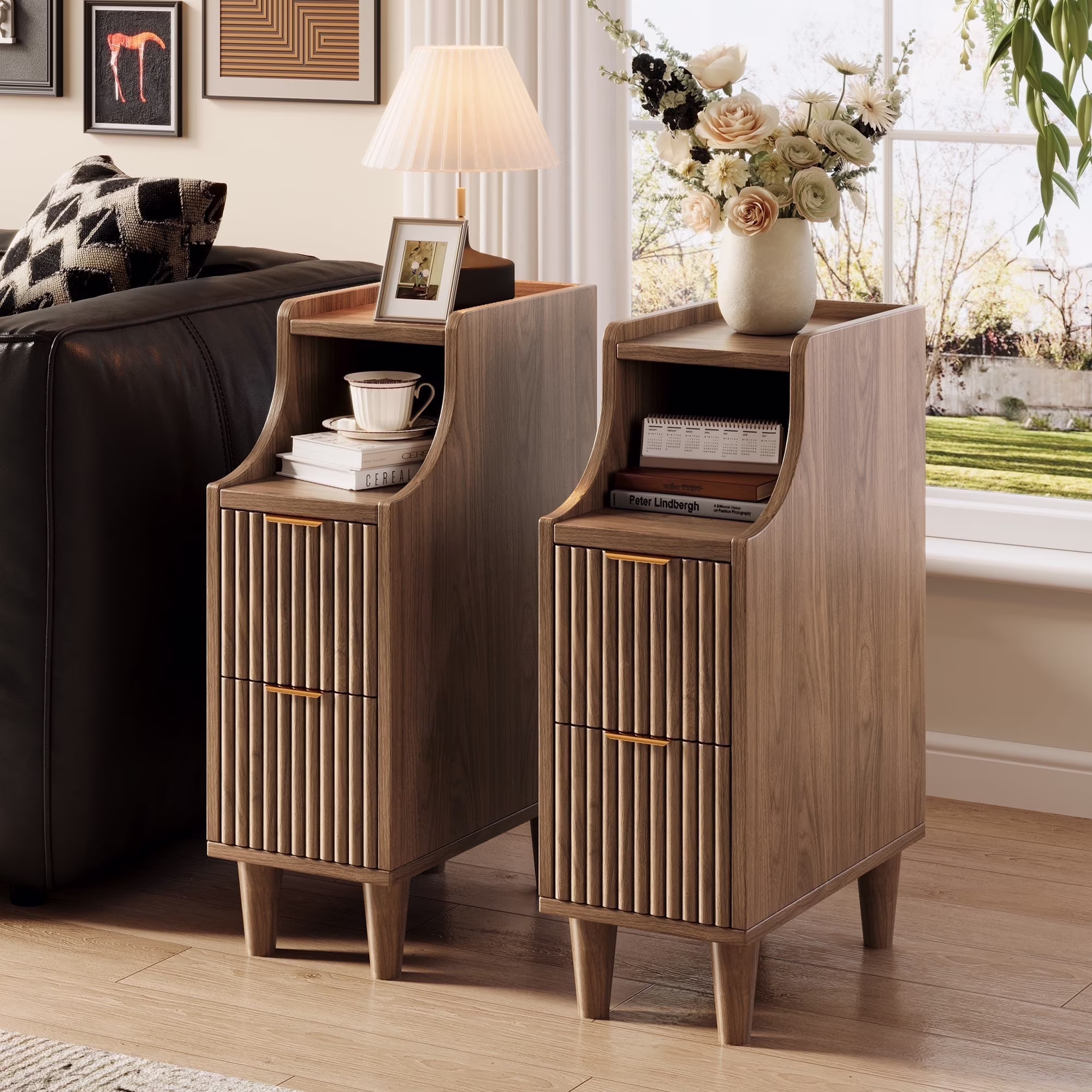 UGTOO 24.4"Tall Walnut Finish 2PC Bedside Table Set with 2 Large Drawers & Top Storage Space Open Shelf, Sturdy Wood Legs, Vintage Cabinet Nightstand for Bedroom with Metal Handle