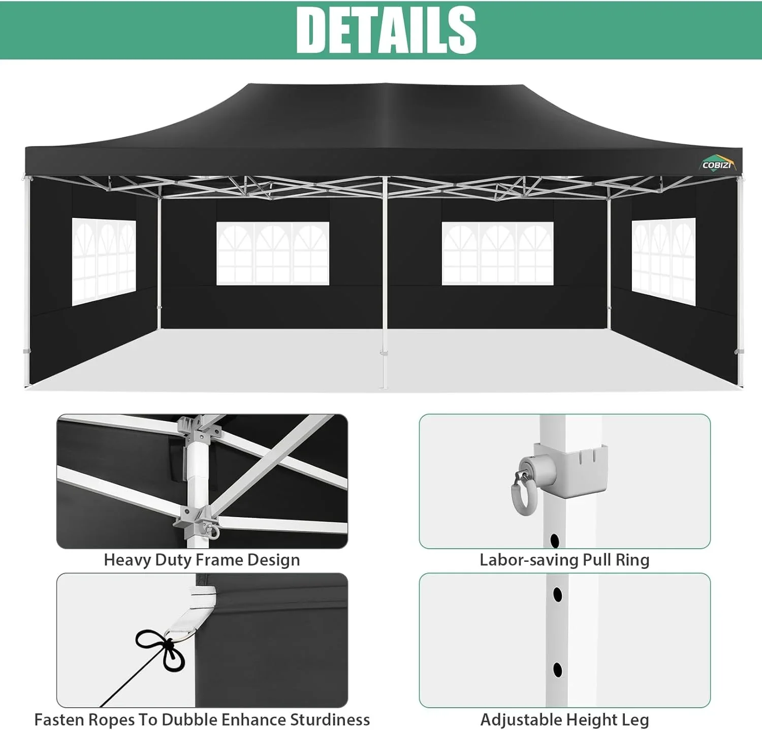 COBIZI 10x20 Heavy Duty Pop up Canopy Tent with 6 sidewalls Easy Up Commercial Outdoor Canopy Wedding Party Tents for Parties All Season Wind & Waterproof Gazebo with Roller Bag,Black(Frame Thickened)