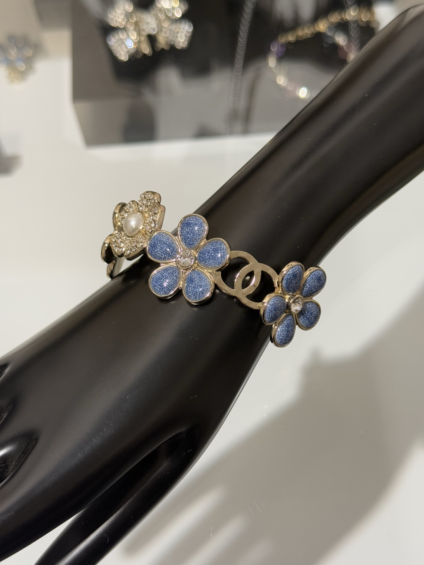 Chanel 26C Blue Denim Flower Diamond Paved Cuff Bangle Bracelet - Original Replica Club