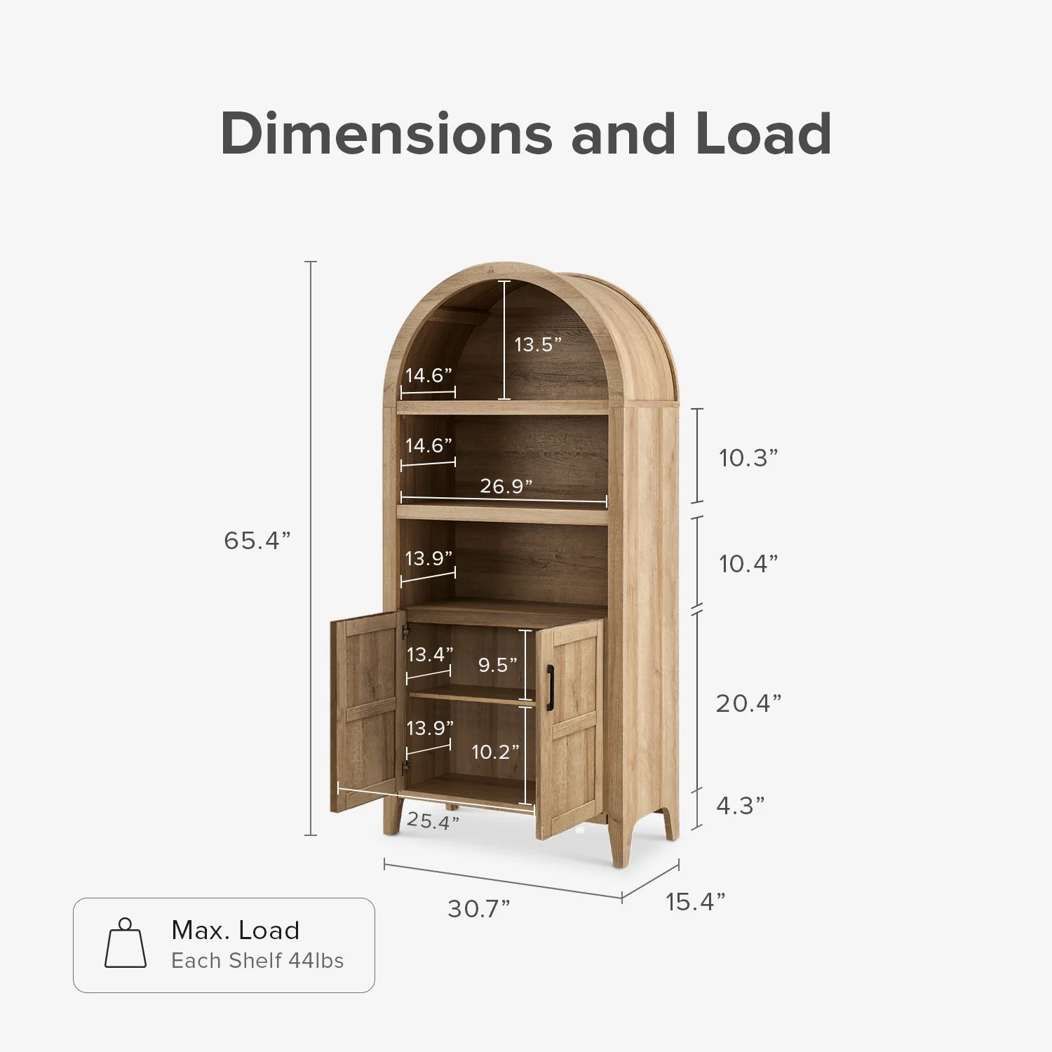 mopio Lauren 65.4" Arched Cabinet, 5-Tier Arched Bookcase with Doors and Shelves, Arched Bookshelf with Storage, Kitchen Pantry Cabinet, Wooden Storage Cabinet for Living Room, Kitchen (Oak) - Image 8